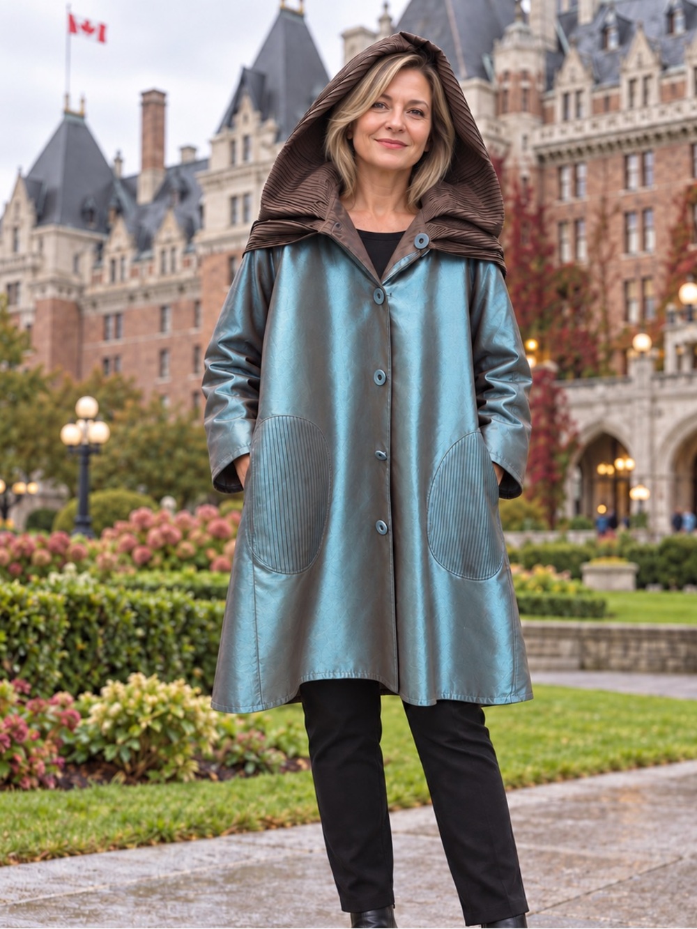 London Towne Reversible Turquoise Bronze Hooded Coat S